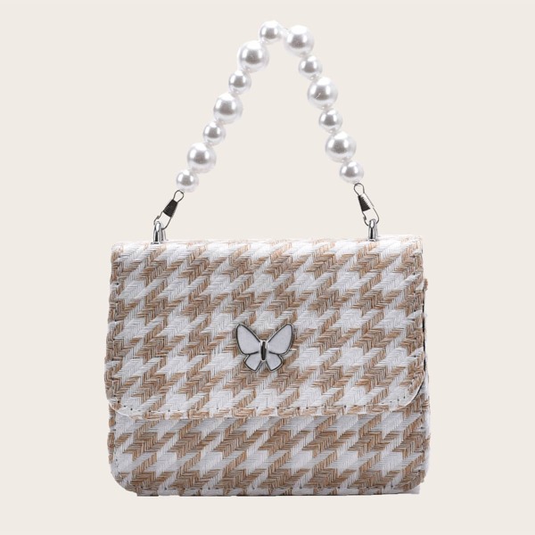 

Girls Faux Pearl Handle Houndstooth Satchel Bag, Khaki