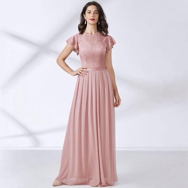 

Butterfly Sleeve Keyhole Back Lace Bodice Prom Dress, Dusty pink