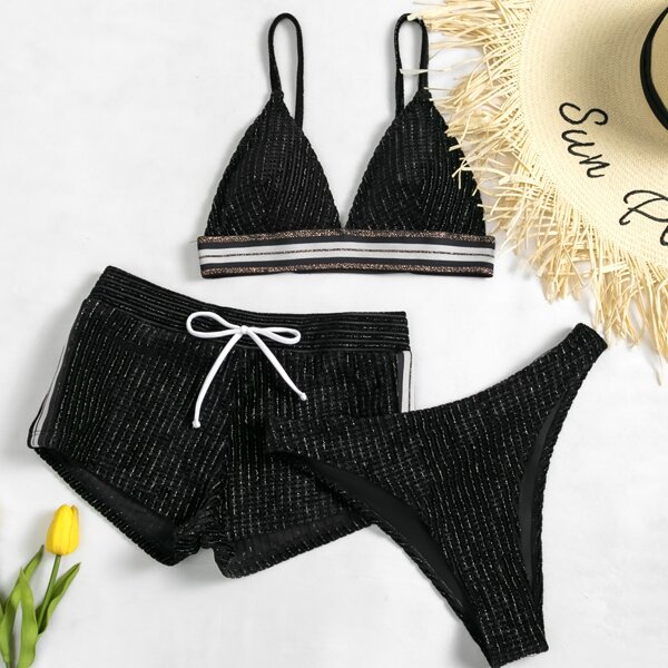

3pack Striped Trim Velvet Triangle Bikini Swimsuit, Black