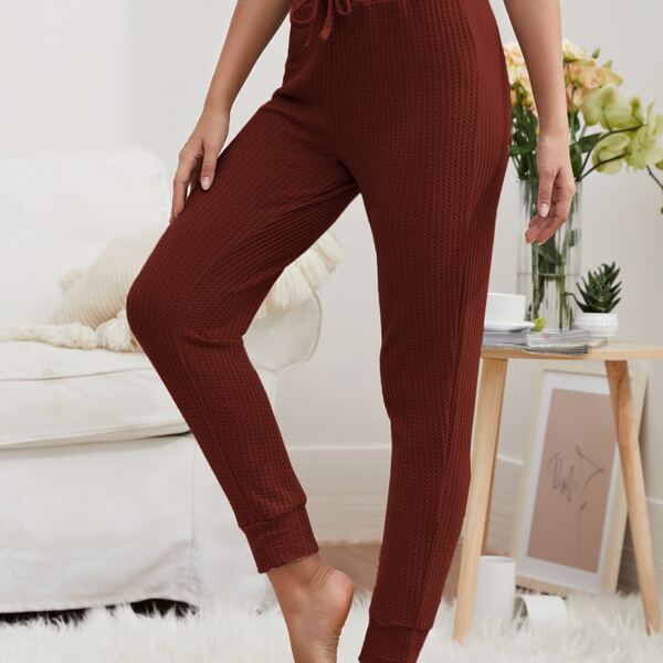 

Waffle Knit Tie Front Solid Lounge Pants, Rust brown