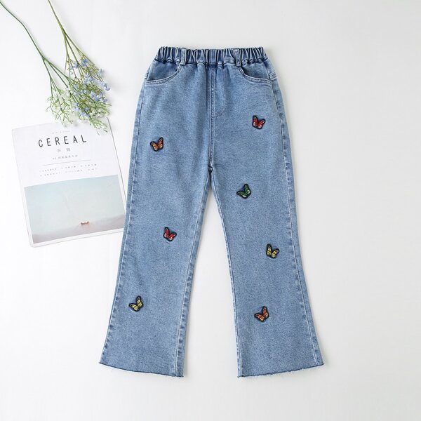 

Girls Butterfly Embroidery Patched Straight Leg Jeans, Medium wash