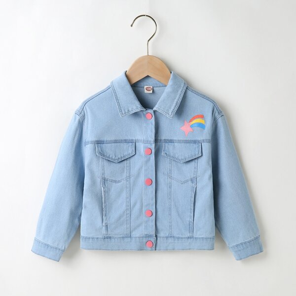 

Toddler Girls Cartoon Unicorn Patched Denim Jacket, Light wash