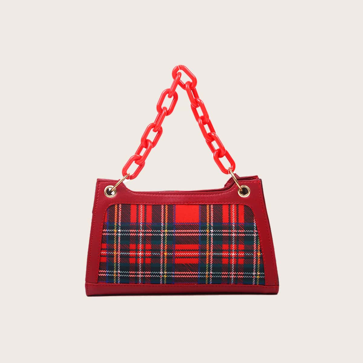 

Tartan Chain Baguette Bag, Multicolor