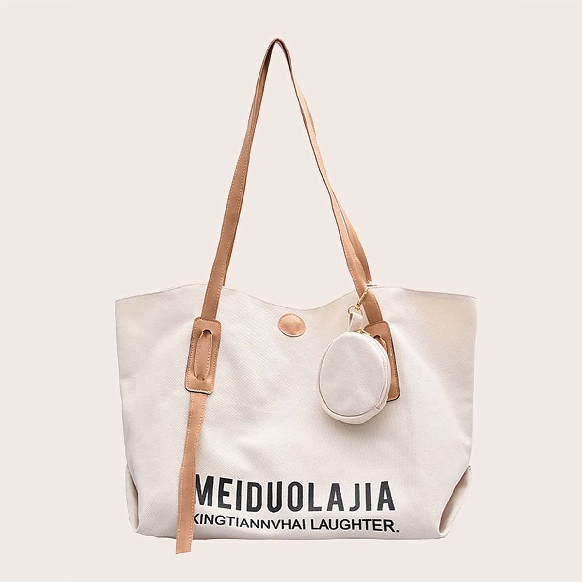 

Letter Graphic Tote Bag With Coin Case, Beige