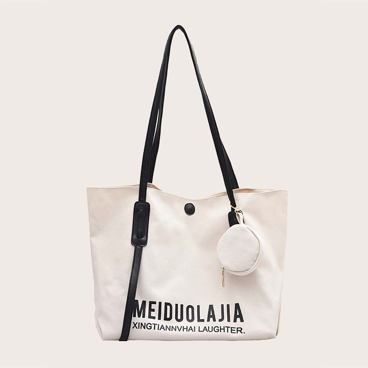 

Letter Graphic Tote Bag With Coin Case, Beige