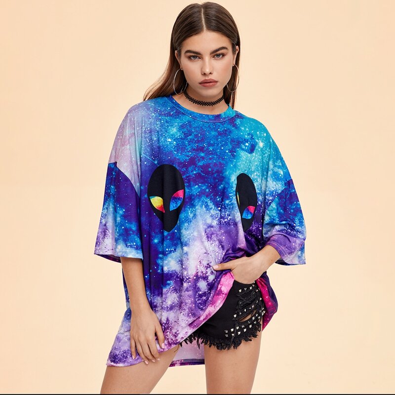 

Cartoon Galaxy Print Oversized Tee, Multicolor