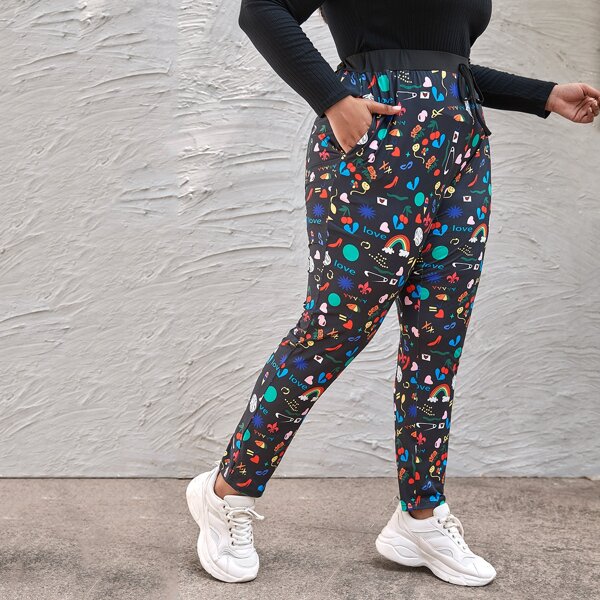 

Plus Cartoon And Letter Graphic Knot Front Pants, Multicolor