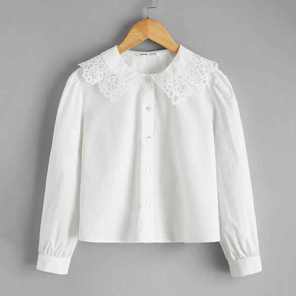 

Girls Guipure Lace Trim Collar Solid Blouse, White