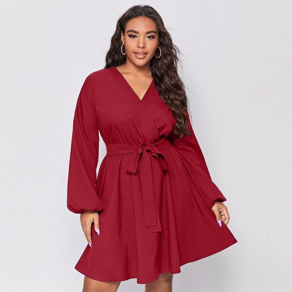 

Plus Bishop Sleeve Surplice Belted Dress, Burgundy