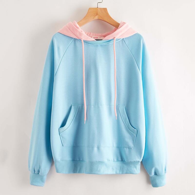 

Raglan Sleeve Drawstring Hoodie, Baby blue