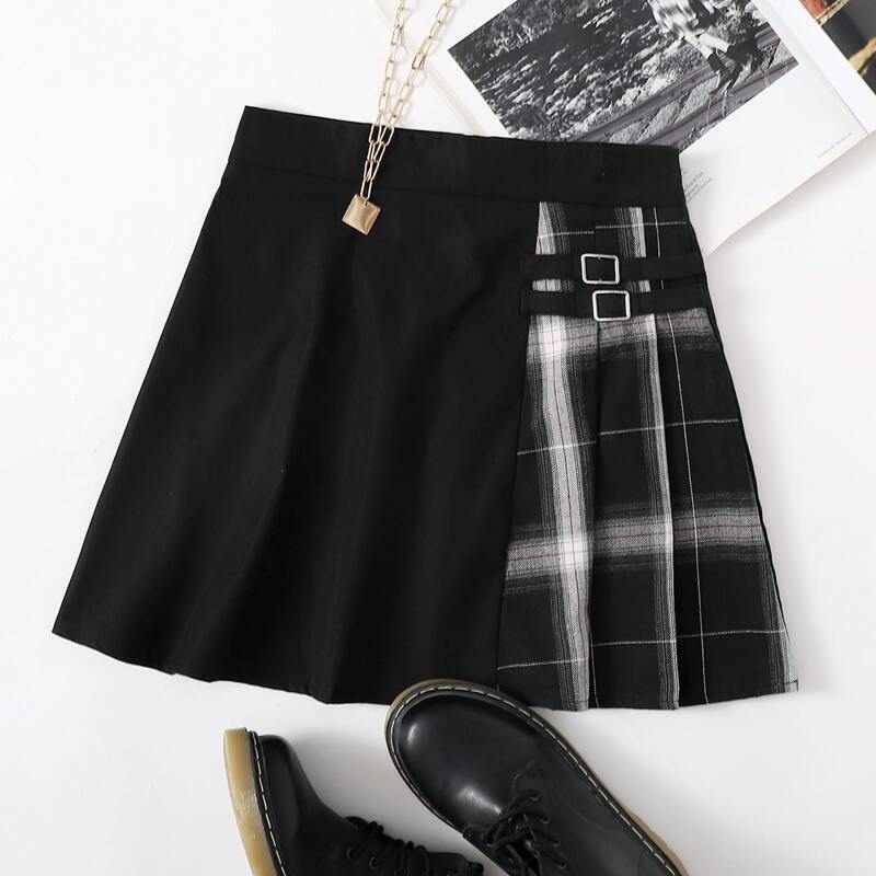 

Spliced Plaid Pleated Skirt, Black