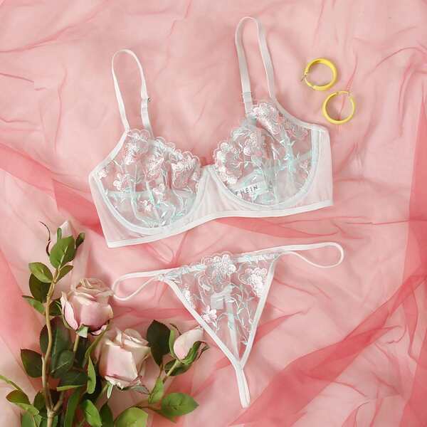 

Floral Embroidered Mesh Underwire Lingerie Set, White