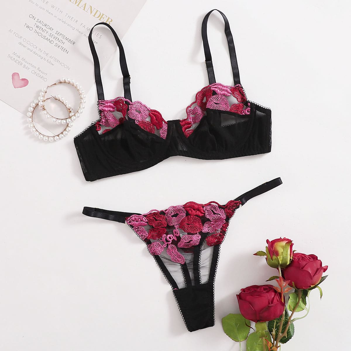 

Lip Embroidered Mesh Underwire Lingerie Set, Black