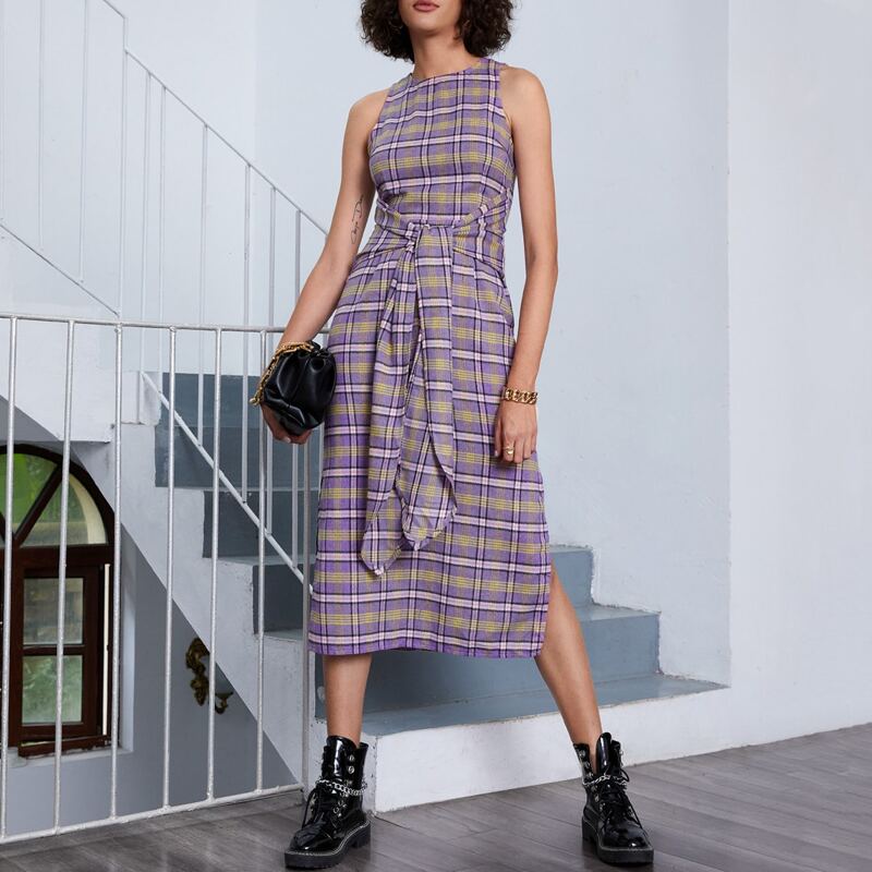 

Tie Front Split Side Plaid Dress, Lilac purple