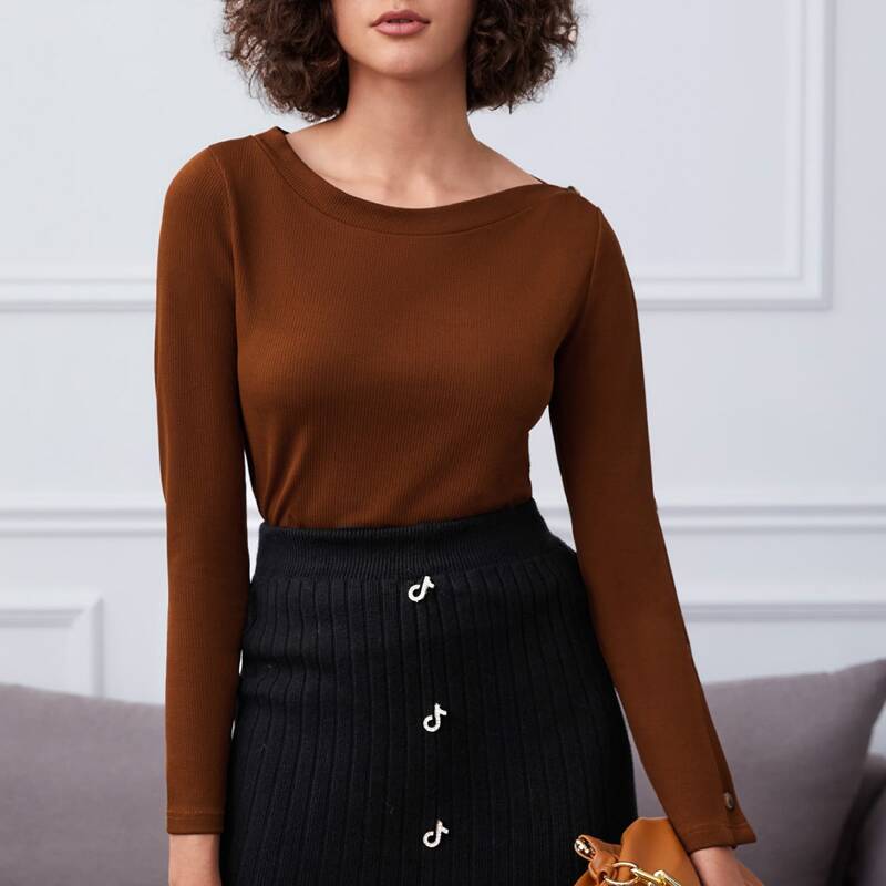 

Button Side Solid Tee, Brown