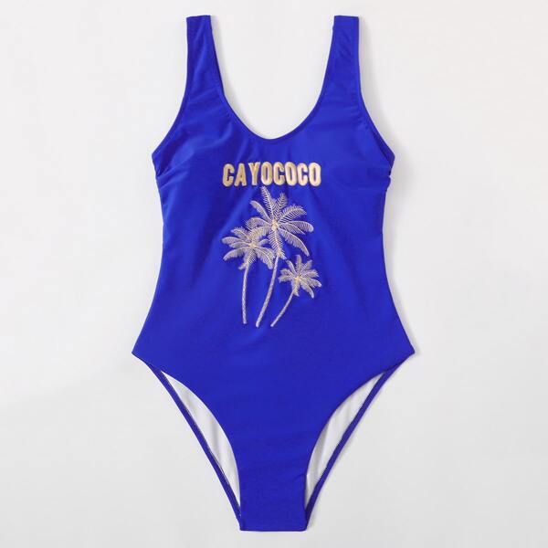 

Palm & Letter Embroidered One Piece Swimsuit, Royal blue