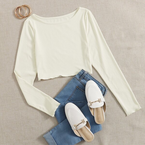 

Rib-knit Solid Crop Tee, Beige