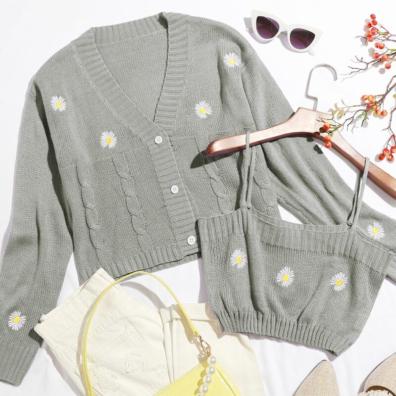 

Button Front Floral Embroidery Cardigan With Camisole, Grey