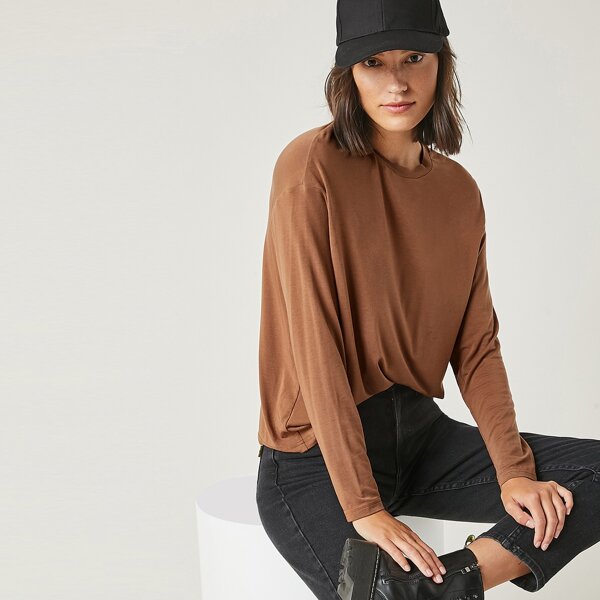 

Drop Shoulder Round Neck Solid Tee, Brown
