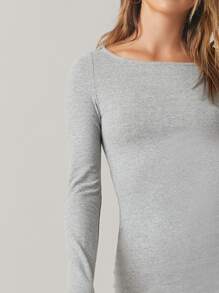 SHEIN BASICS Váy bodycon Bông Scoop Cổ Chất rắn Tay áo dài - Màu Xám nhạt - Xem 3