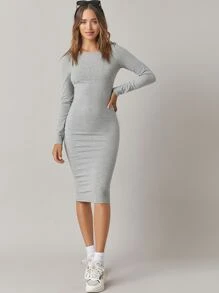 SHEIN BASICS Váy bodycon Bông Scoop Cổ Chất rắn Tay áo dài - Màu Xám nhạt - Xem 5