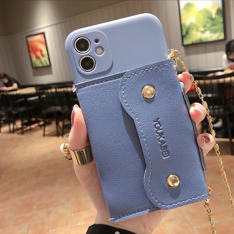 

1pc Chain Strap Phone Case With Card Holder, Purple