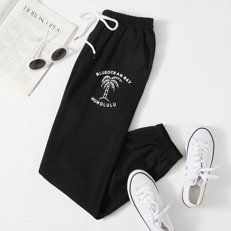 

Letter Graphic Drawstring Pants, Black