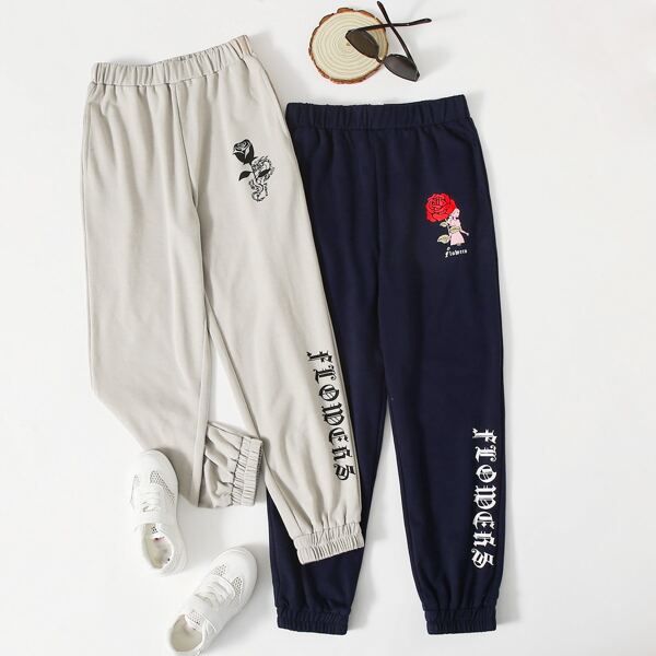 

Girls 2 Pack Rose & Letter Graphic Sweatpants, Multicolor