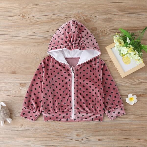 

Toddler Girls Velvet Polka Dot Ruched Hooded Jacket, Dusty pink