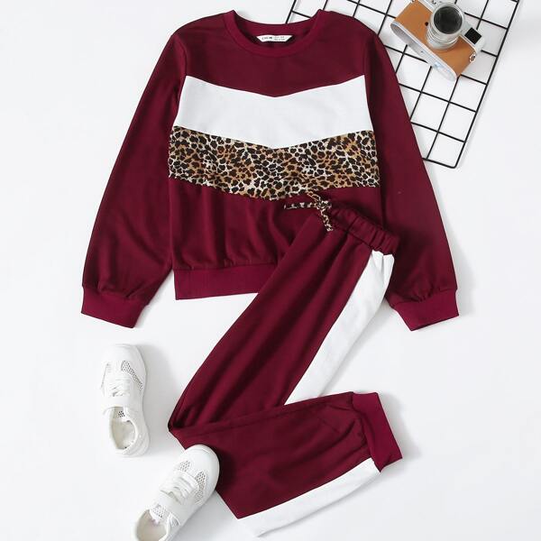 

Girls Leopard and Colorblock Print Pullover & Sweatpants Set, Burgundy