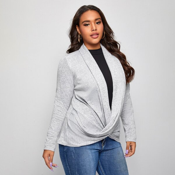 

Plus Crossover Draped Shawl Collar Top, Light grey