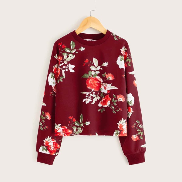 

Girls Drop Shoulder Floral Pullover, Burgundy