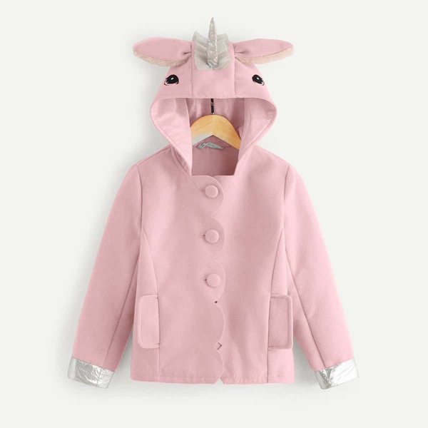 

Girls Scallop Placket Hooded Coat, Baby pink