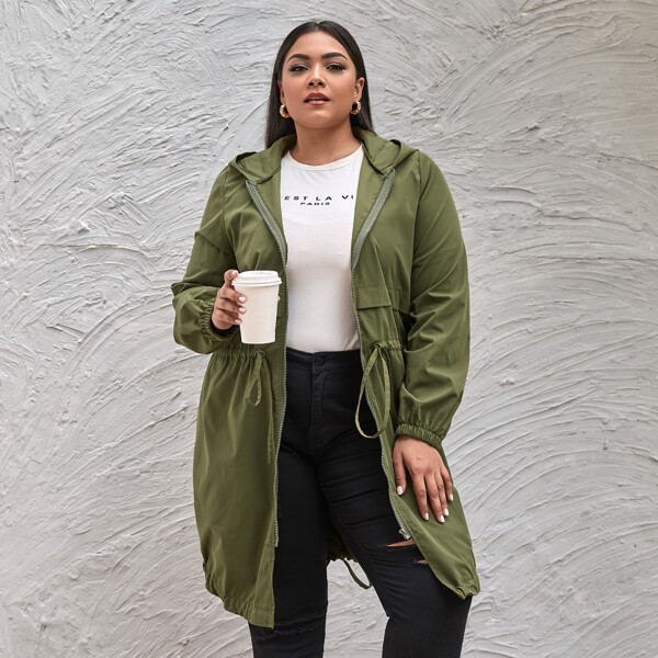 

Plus Solid Drawstring Hooded Coat, Army green