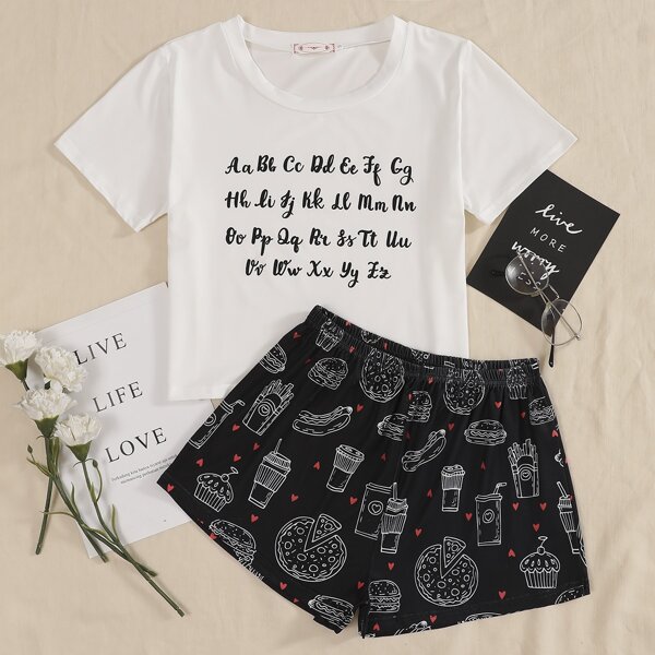 

Letter And Food Print Pajama Set, Black and white