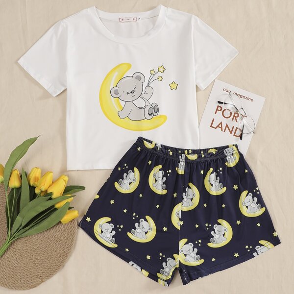 

Cartoon And Galaxy Print Pajama Set, Blue and white