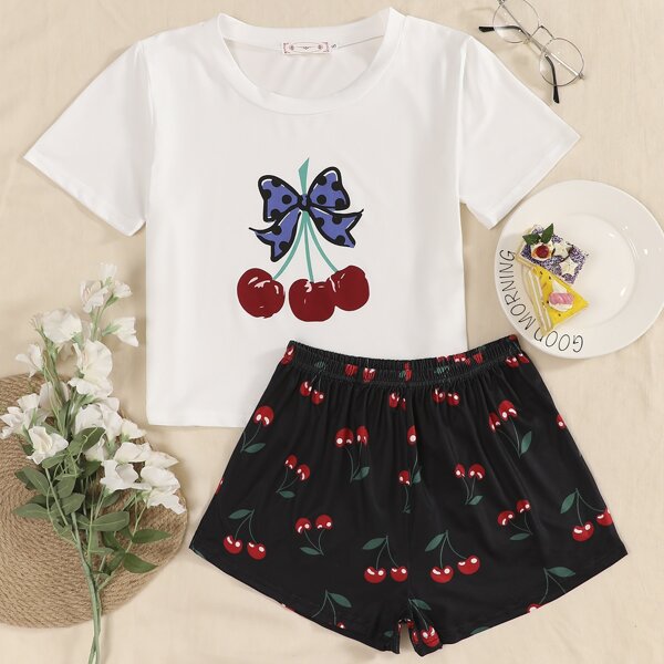 

Cherry Print Tee With Shorts PJ Set, Black and white