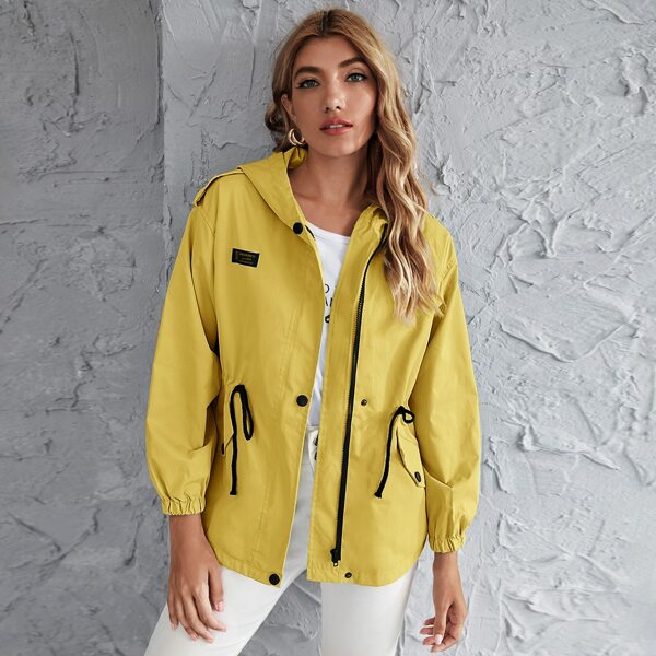

Letter Patched Drawstring Zip Up Hooded Coat, Mustard yellow