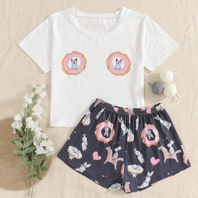

Cartoon Rabbit Print Tee With Shorts PJ Set, Multicolor