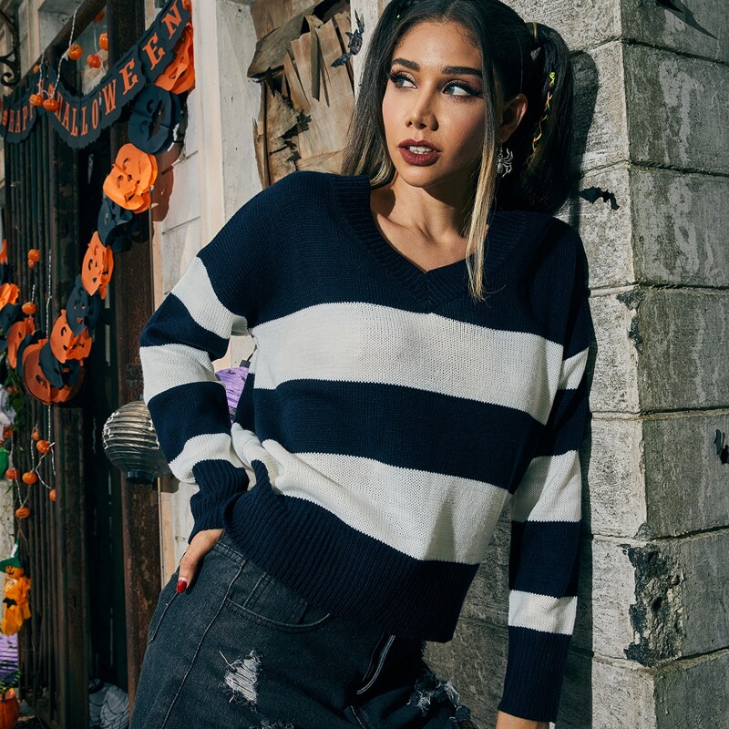

Halloween Striped Pattern V Neck Sweater, Blue and white