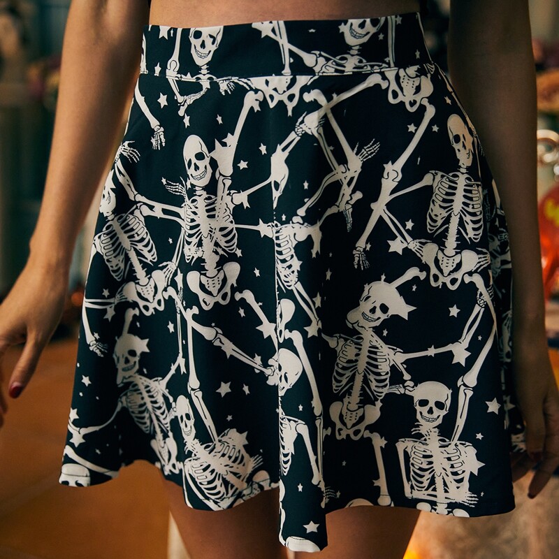 

Halloween Skeleton Flared Skirt, Black and white