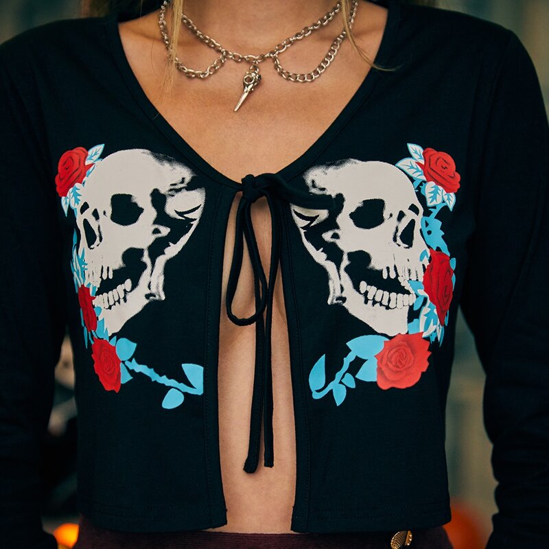 

Halloween Skeleton Tie Front Top, Black
