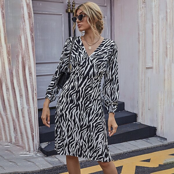 

Empire Waist Zebra Striped Dress, Black and white