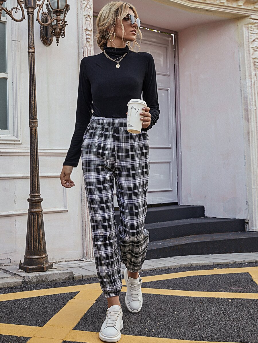 Pantalones de tartán de cintura elástica - Blanco y Negro - Ver 1