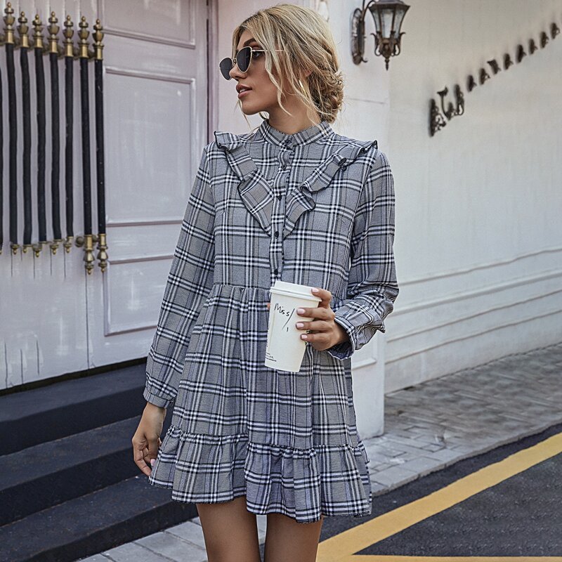

Ruffle Trim Plaid Dress, Grey