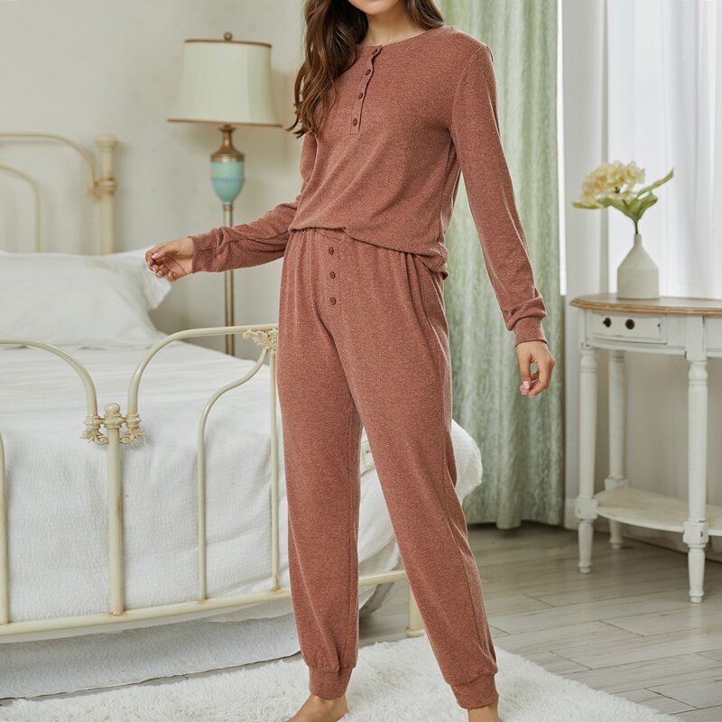 

Half Button Solid Lounge Set, Apricot