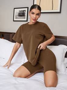 SHEIN BAE Solid Short Sleeve Tee & Cycling Shorts Set - Mocha Brown - View 4