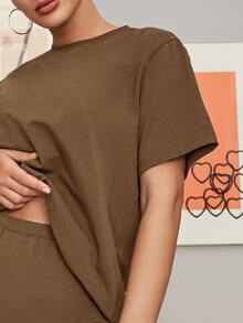 SHEIN BAE Solid Short Sleeve Tee & Cycling Shorts Set - Mocha Brown - View 3
