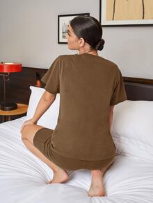 SHEIN BAE Solid Short Sleeve Tee & Cycling Shorts Set - Mocha Brown - View 2