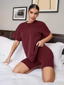 SHEIN BAE Solid Round Neck Top & Cycling Shorts Set - Maroon - View 1